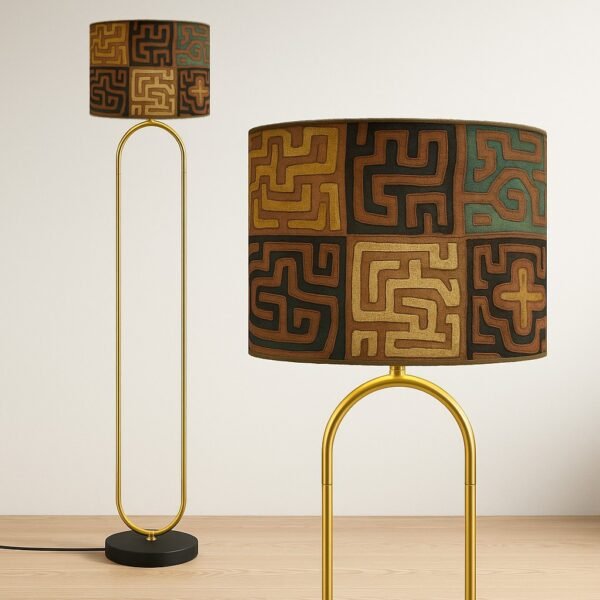 Lampadaire design au pied doré avec tissu Kuba